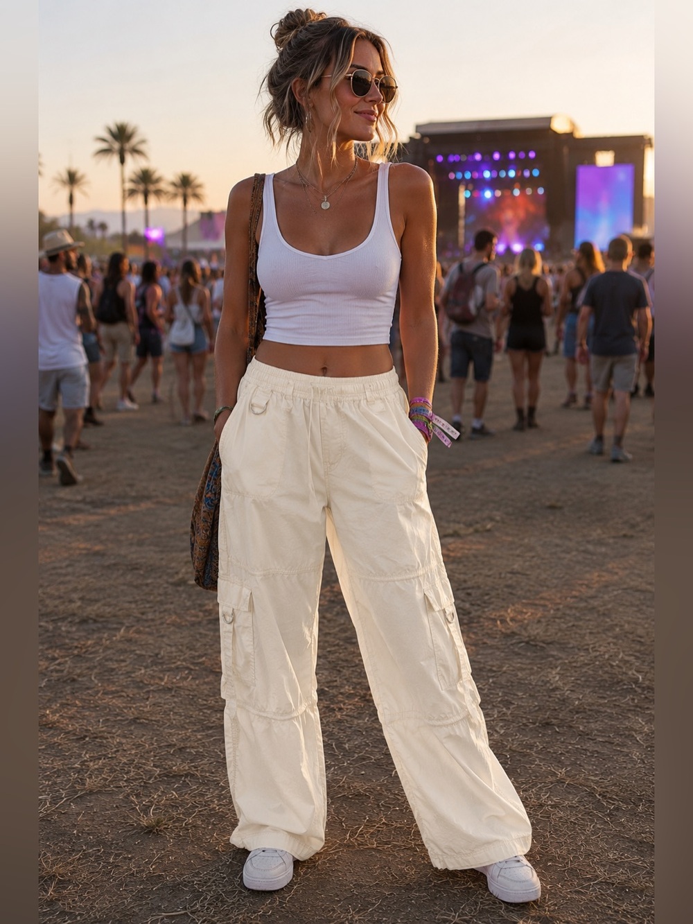 NWT Cream Wide Leg Cargo Pants Utility Grunge Cotton Medium
